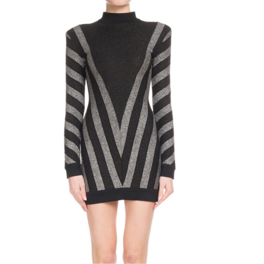 Balmain Paris Chevron Stripe Lurex Cocktail LS Dress - Picture 2 of 16